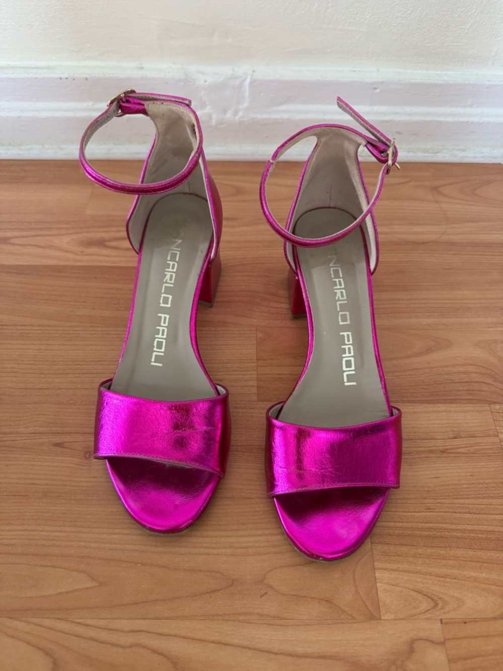 Made in Italy Leather Metallic Hot Pink Ankle-Strap Block 2.25” Heel Sandals
